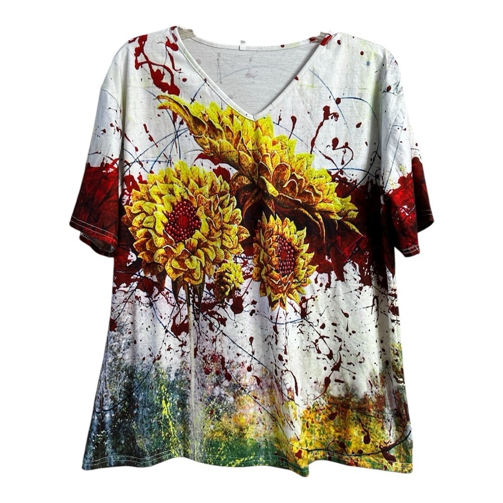 Women’s Vibrant Floral Sunflower V-Neck T-Shirt, Large